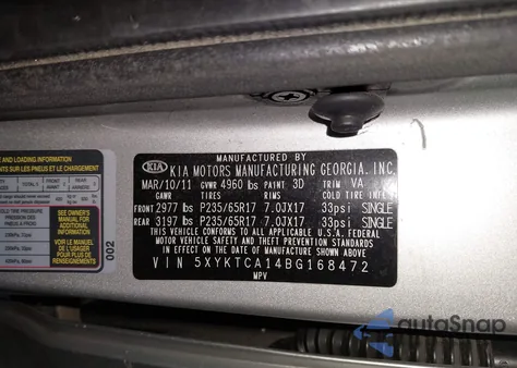 2011 Kia Sorento Lx from USA, damaged, VIN 5XYKTCA14BG168472